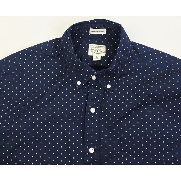 J. Crew Slim Untucked Stretch Size Large Mens Navy White Polka Dot Button Down - Picture 10 of 10